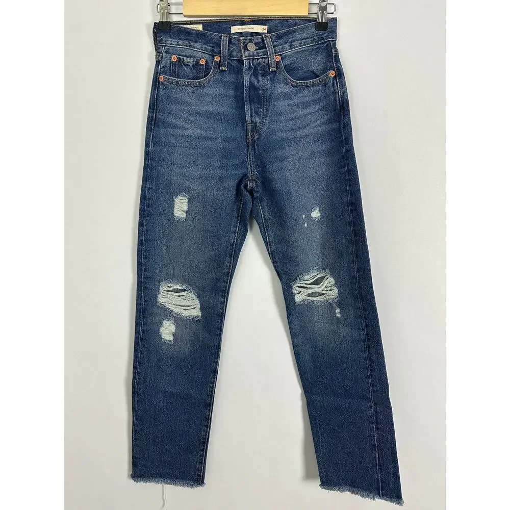 Levi's Wedgie Straight Ankle Jeans 24x28 Distressed Medium Indigo Raw Hem High - Picture 3 of 13
